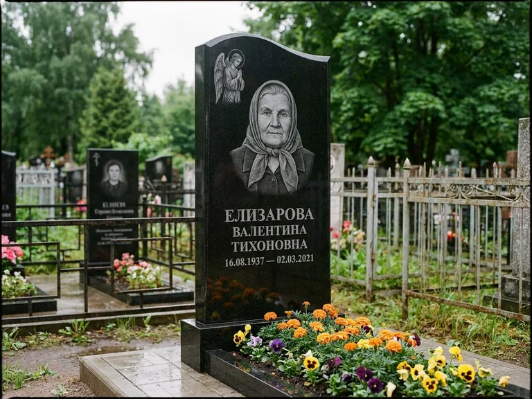 Памятник с гравировкой ангела — гравировка ангела с голубем по диагонали стелы, работа «Пантелеева» в Новом Уренгое