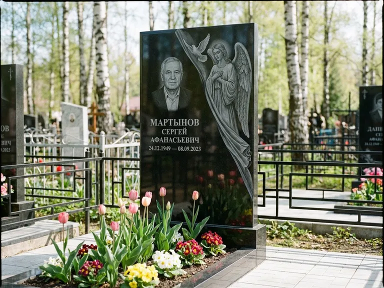 Памятник с гравировкой ангела — гравировка двух ангелов по сторонам портрета, работа «Касаткин» в Новом Уренгое