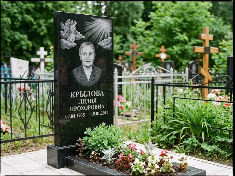 Памятник с гравировкой ангела — гравировка ангела в облаках с лучами над портретом, работа «Лобанова» в Новом Уренгое