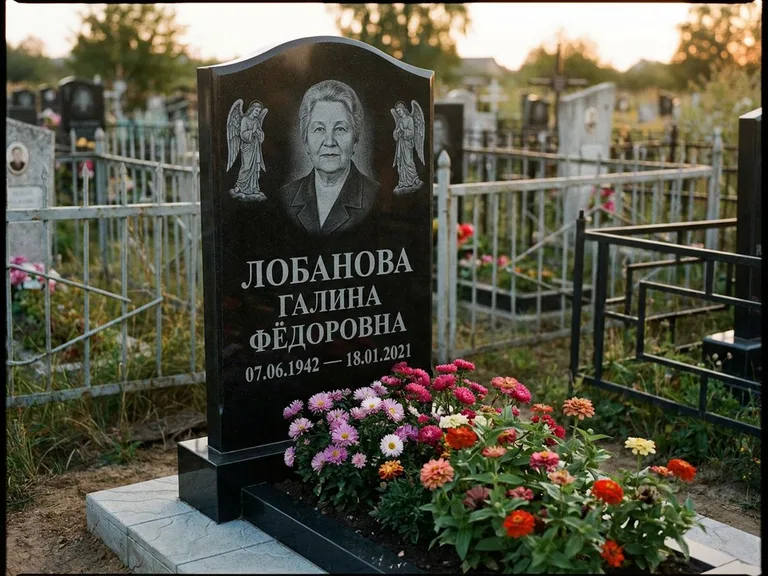 Памятник с гравировкой ангела — гравировка двух ангелов по сторонам портрета, работа «Лобанова» в Новом Уренгое