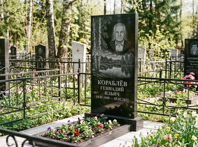 Памятник с гравировкой берёзы — гравировка берёзы у зеркального озера, работа «Кораблёв» в Новом Уренгое