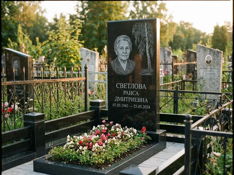 Памятник с гравировкой берёзы — гравировка плакучей берёзы с тонкими ветвями, работа «Светлова» в Новом Уренгое