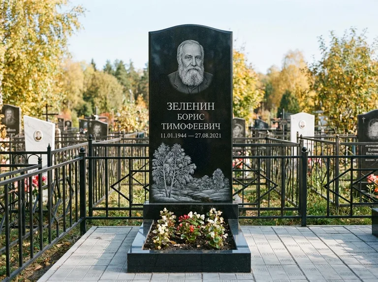Памятник с гравировкой берёзы — гравировка зимней берёзы в инее, работа «Зеленин» в Новом Уренгое