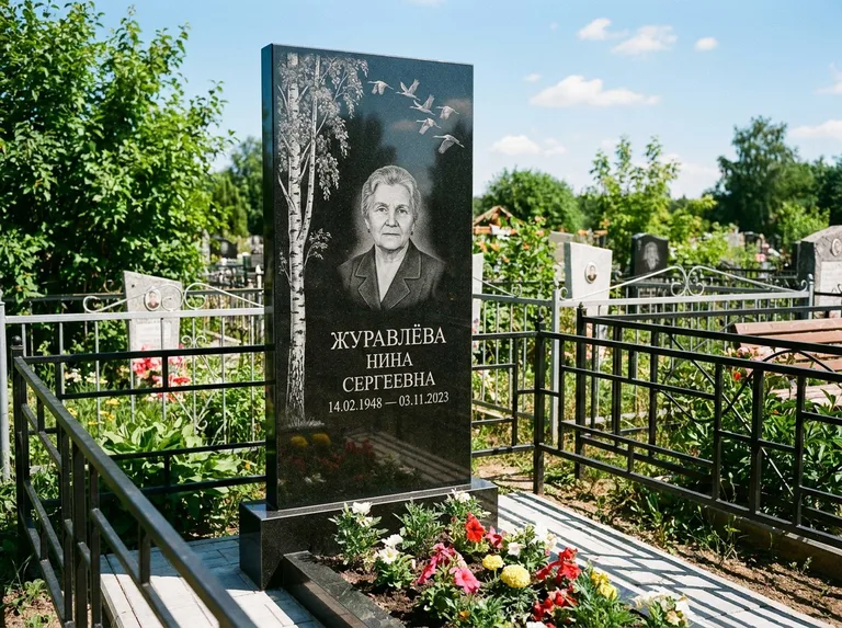 Памятник с гравировкой берёзы — гравировка берёзы с журавлиным клином в небе, работа «Журавлёва» в Новом Уренгое