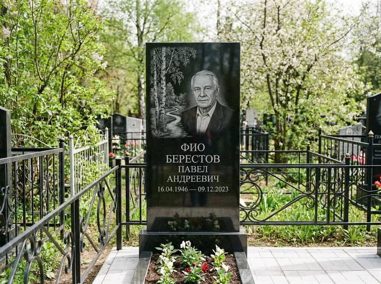 Памятник с гравировкой берёзы — гравировка берёзы у тропинки, уходящей вдаль, работа «Берестов» в Новом Уренгое