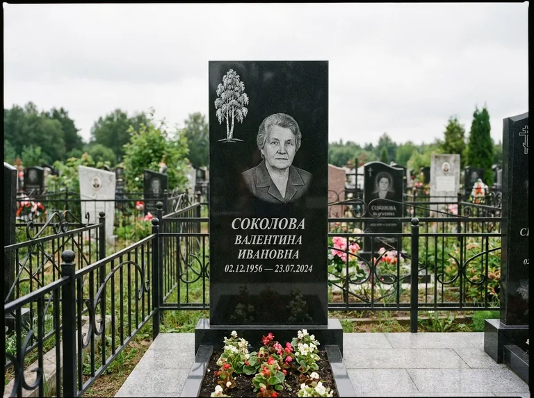 Памятник с гравировкой берёзы — гравировка одинокой берёзы над именем, работа «Соколова» в Новом Уренгое
