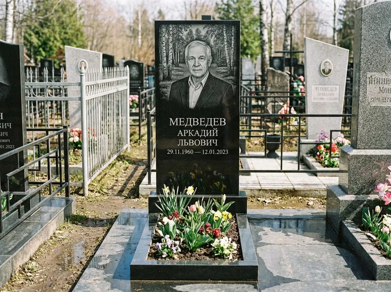 Памятник с гравировкой берёзы — гравировка берёзовой рощи в глубину, работа «Медведев» в Новом Уренгое