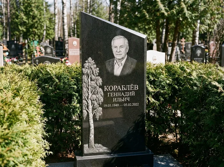 Памятник с гравировкой берёзы: асимметричная скошенная стела — объёмная одинокая берёза с фактурной корой, живая изгородь из туи, работа «Кораблёв» в Новом Уренгое