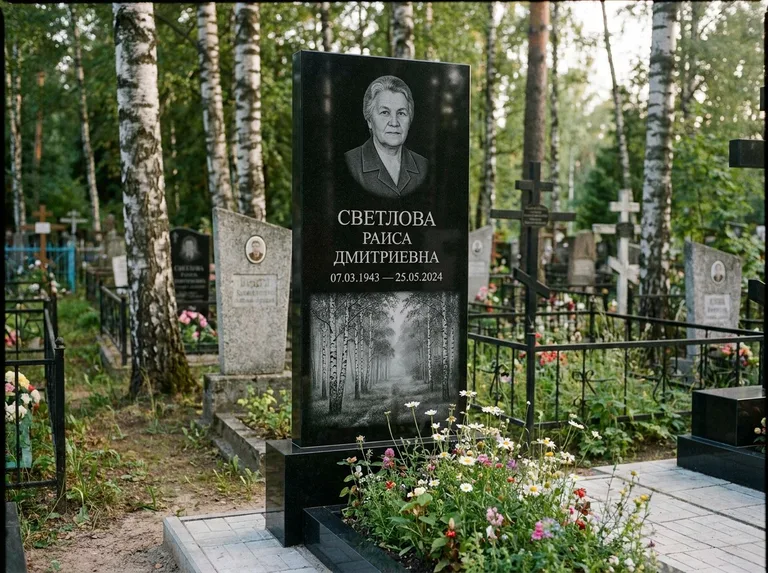 Памятник с гравировкой берёзы: двойная семейная стела — берёзовая роща в лёгкой дымке, цветник с полевыми цветами, работа «Светлова» в Новом Уренгое