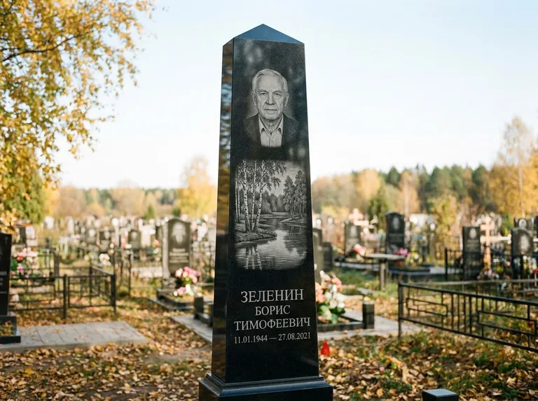 Памятник с гравировкой берёзы: гранёный обелиск-колонна — берёза у воды с отражением, открытый участок, мягкий свет, работа «Зеленин» в Новом Уренгое