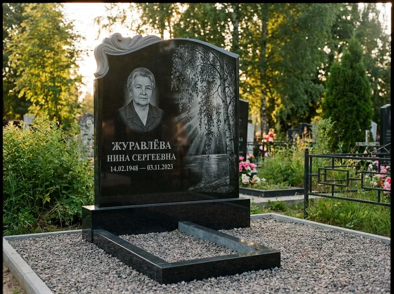 Памятник с гравировкой берёзы: стела с фигурным резным верхом — плакучая берёза в контровом свете, гравийная отсыпка, рассвет, работа «Журавлёва» в Новом Уренгое