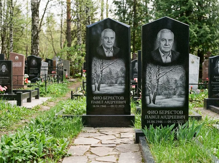 Памятник с гравировкой берёзы: массивная стела с двускатным навершием — зимняя берёза, снег на ветвях, дорожка из природного плитняка, работа «Берестов» в Новом Уренгое