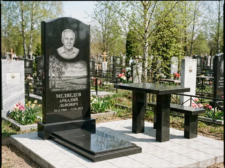 Памятник с гравировкой берёзы: стела с гранитным столиком и скамьёй — берёза у поля, простор до горизонта, семейный участок с плиткой, работа «Медведев» в Новом Уренгое