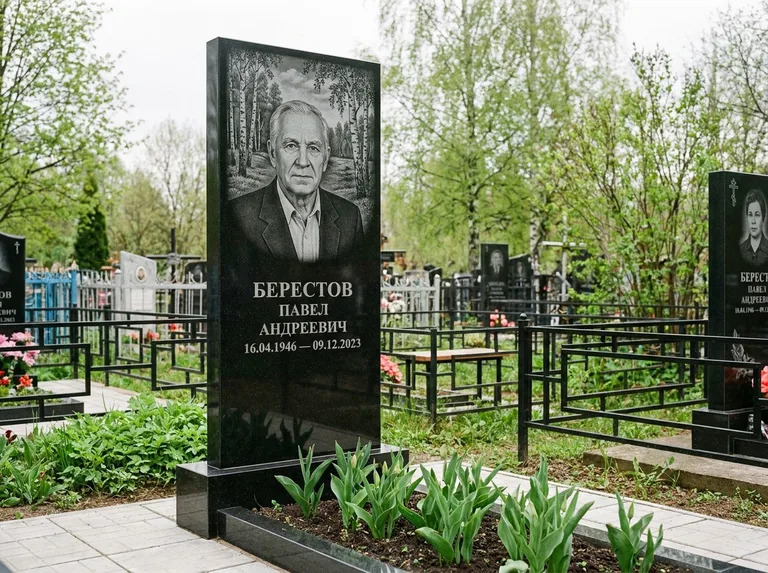Памятник с гравировкой берёзы — гравировка берёзовой рощи в глубину, работа «Берестов» в Новом Уренгое