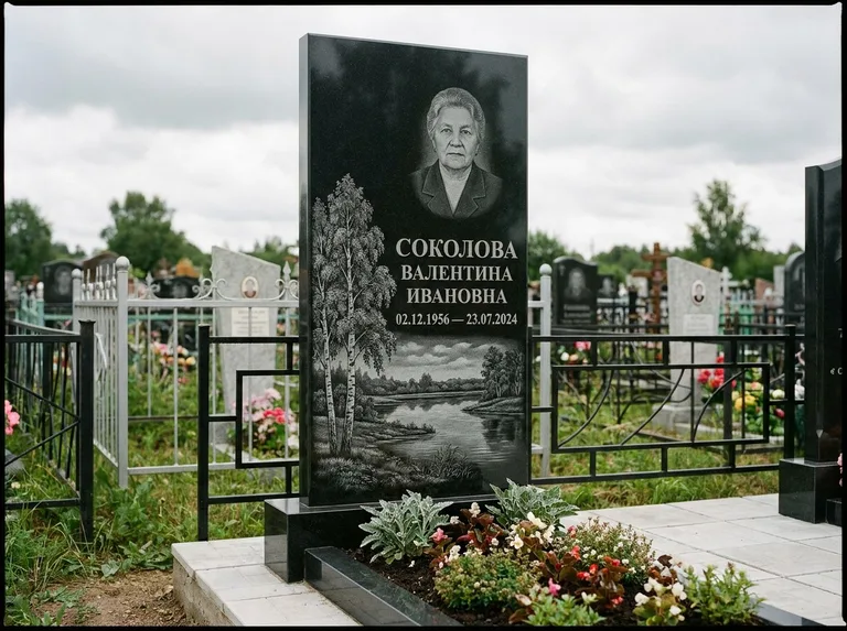 Памятник с гравировкой берёзы — гравировка берёзы у зеркального озера, работа «Соколова» в Новом Уренгое