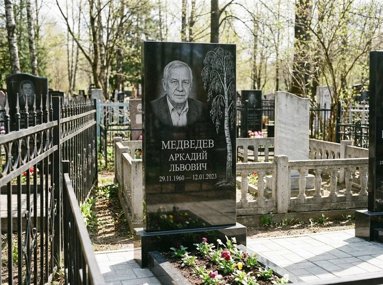 Памятник с гравировкой берёзы — гравировка плакучей берёзы с тонкими ветвями, работа «Медведев» в Новом Уренгое