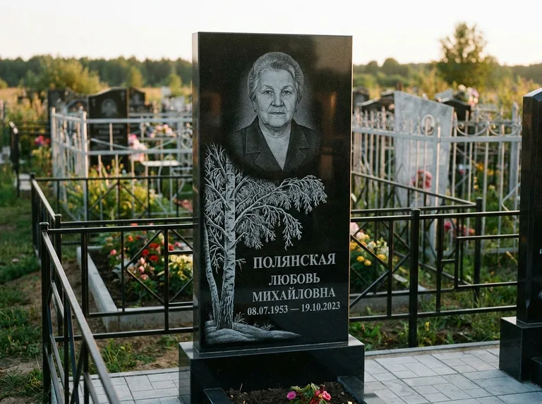 Памятник с гравировкой берёзы — гравировка зимней берёзы в инее, работа «Полянская» в Новом Уренгое