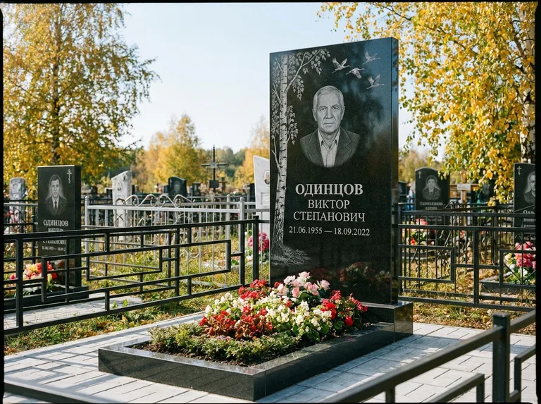 Памятник с гравировкой берёзы — гравировка берёзы с журавлиным клином в небе, работа «Одинцов» в Новом Уренгое