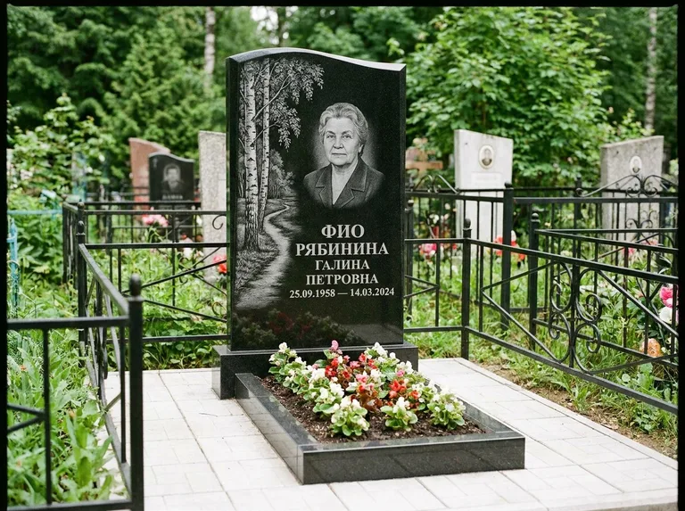 Памятник с гравировкой берёзы — гравировка берёзы у тропинки, уходящей вдаль, работа «Рябинина» в Новом Уренгое
