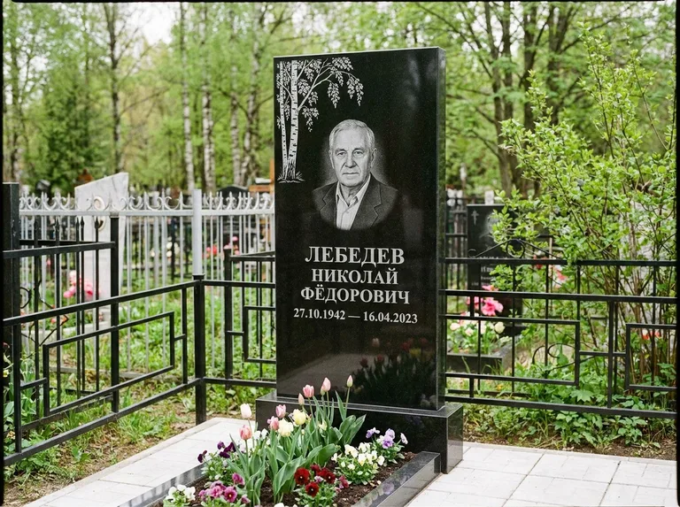 Памятник с гравировкой берёзы — гравировка одинокой берёзы над именем, работа «Лебедев» в Новом Уренгое