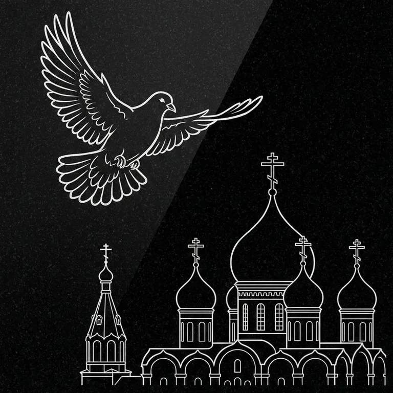 Эскиз гравировки голубей на памятник — голубь в небе над храмом в Новом Уренгое