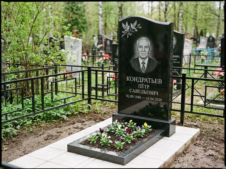 Памятник с гравировкой голубей — гравировка пары голубей на ветке в верхнем углу стелы, работа «Кондратьев» в Новом Уренгое