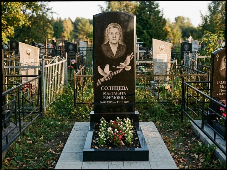 Памятник с гравировкой голубей — гравировка двух летящих голубей с лентой по диагонали стелы, работа «Солнцева» в Новом Уренгое