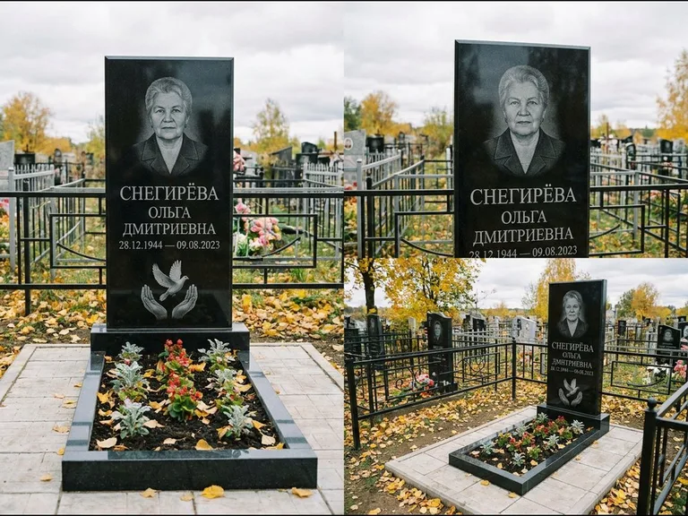 Памятник с гравировкой голубей — гравировка голубя над раскрытыми ладонями внизу стелы, работа «Снегирёва» в Новом Уренгое