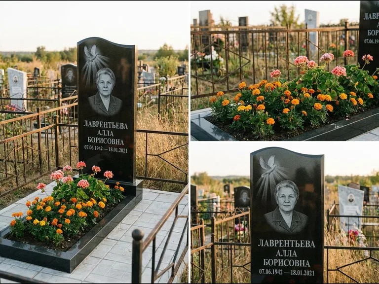 Памятник с гравировкой голубей — гравировка голубя в лучах света над портретом, работа «Лаврентьева» в Новом Уренгое