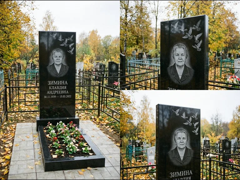 Памятник с гравировкой голубей — гравировка стаи голубей, взлетающей от угла стелы, работа «Зимина» в Новом Уренгое