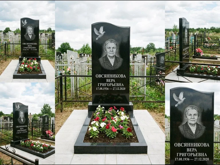 Памятник с гравировкой голубей — белая гравировка взлетающего голубя над портретом, работа «Овсянникова» в Новом Уренгое