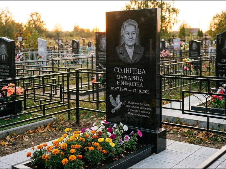 Памятник с гравировкой голубей — гравировка голубя с оливковой ветвью рядом с эпитафией, работа «Солнцева» в Новом Уренгое