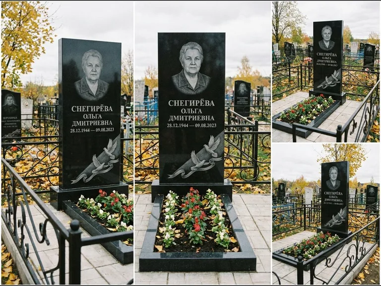 Памятник с гравировкой голубей — гравировка двух летящих голубей с лентой по диагонали стелы, работа «Снегирёва» в Новом Уренгое