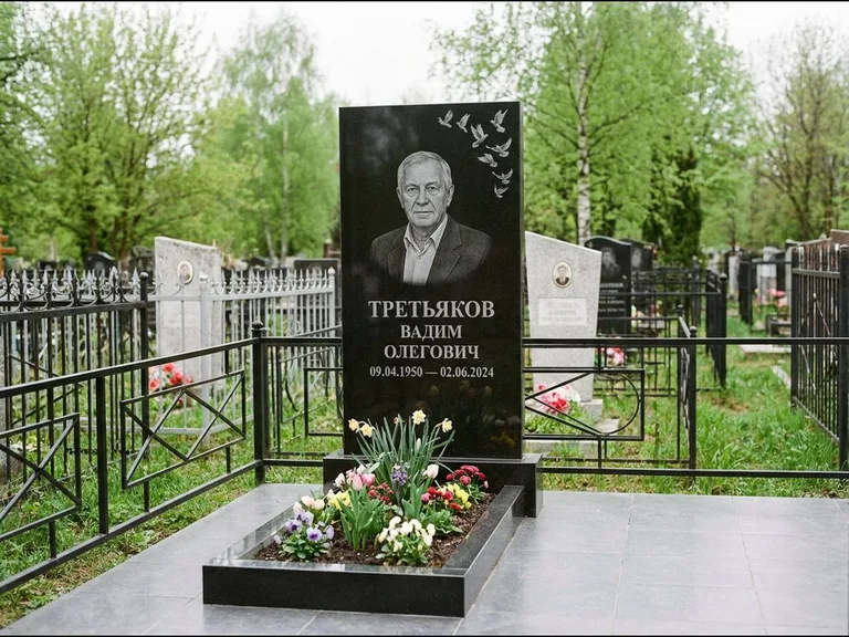 Памятник с гравировкой голубей — гравировка стаи голубей, взлетающей от угла стелы, работа «Третьяков» в Новом Уренгое