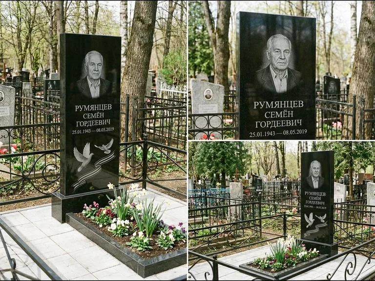 Памятник с гравировкой голубей — гравировка двух летящих голубей с лентой по диагонали стелы, работа «Румянцев» в Новом Уренгое
