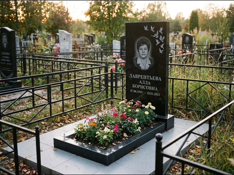 Памятник с гравировкой голубей — гравировка стаи голубей, взлетающей от угла стелы, работа «Лаврентьева» в Новом Уренгое