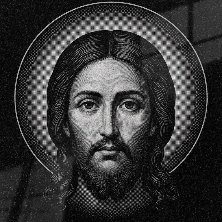 Эскиз иконы: Спас Нерукотворный (полутон) — детальный лик на убрусе, гравировка на памятник в Новом Уренгое