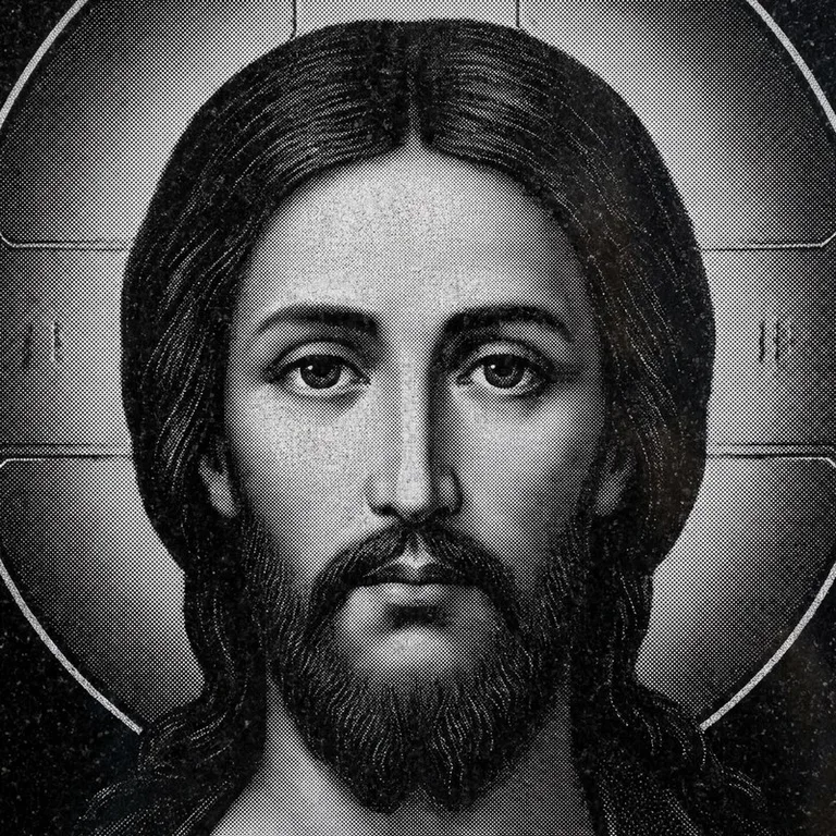 Эскиз иконы: Спас Вседержитель (полутон) — объёмный лик, светотень, гравировка на памятник в Новом Уренгое