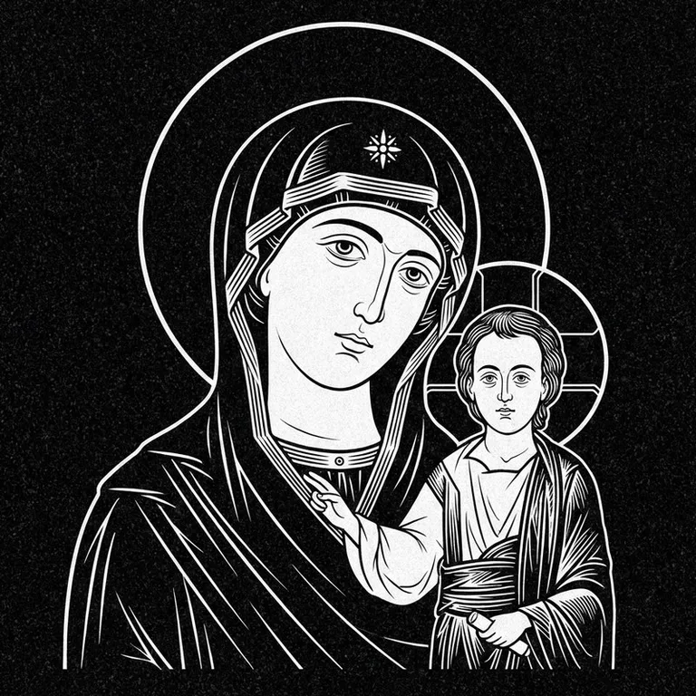 Эскиз иконы: «Утоли моя печали» — облегчение скорби, гравировка на памятник в Новом Уренгое