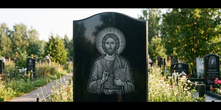 Иконы для гравировки на памятник в Новом Уренгое — образ на стеле из чёрного гранита с ручной доводкой лика