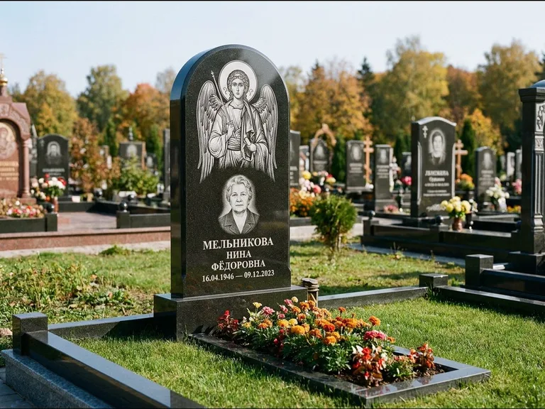 Памятник с гравировкой иконы — икона над портретом усопшего, работа «Журавлёв» в Новом Уренгое