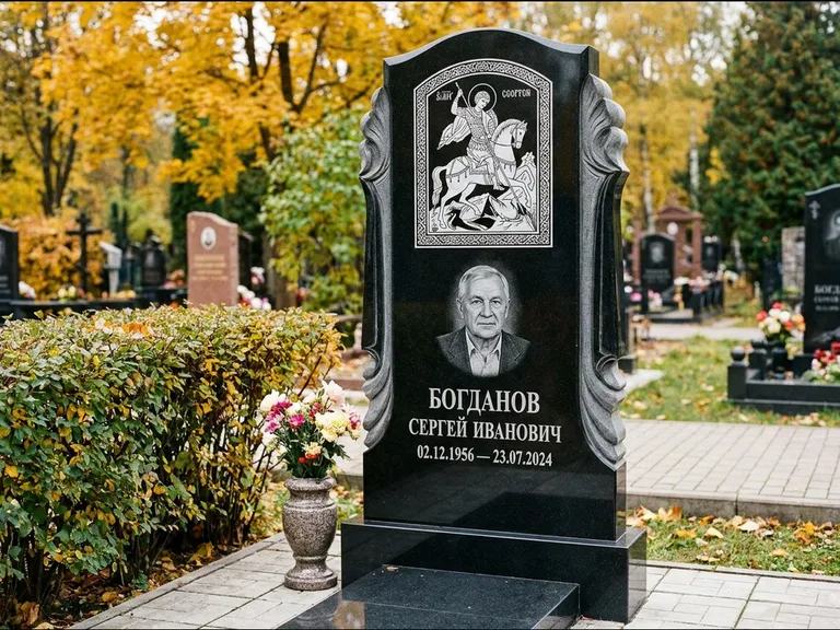Памятник с гравировкой иконы — икона Спаса Вседержителя над именем усопшего, работа «Лебедева» в Новом Уренгое