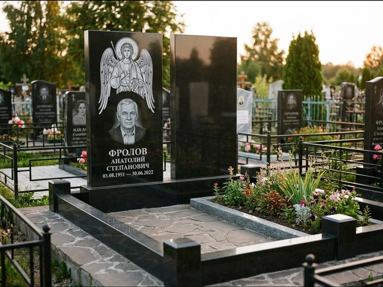 Памятник с гравировкой иконы: стела с резной рамкой вокруг иконы — Архангел Михаил на стеле, белая мраморная крошка с бордюром, работа «Богданова» в Новом Уренгое