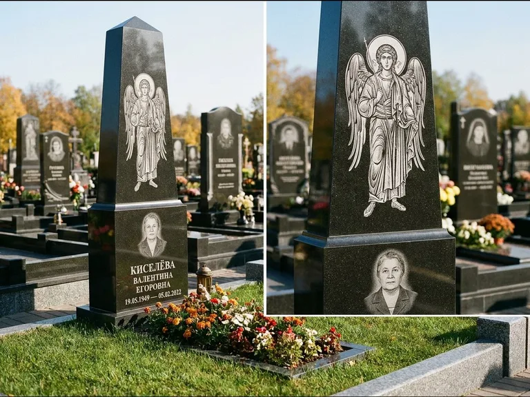 Памятник с гравировкой иконы: асимметричная скошенная стела — гравировка образа Спасителя, живая изгородь из кустарника, работа «Третьяков» в Новом Уренгое