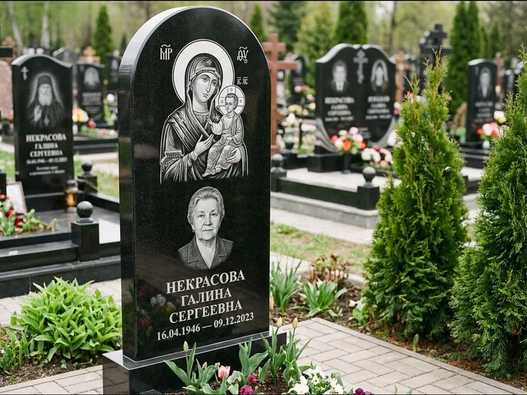 Памятник с гравировкой иконы: фигурная стела с киот-нишей под икону — икона в резной рамке-киоте, светлая гравийная отсыпка, работа «Журавлёв» в Новом Уренгое