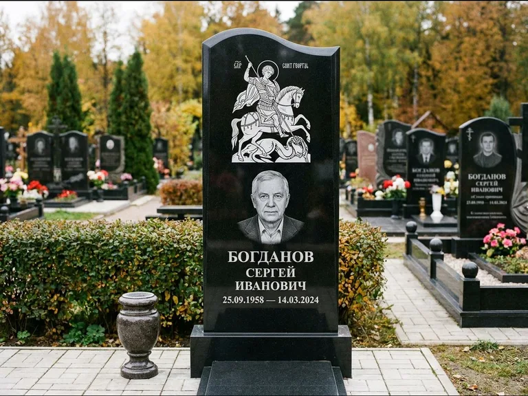 Памятник с гравировкой иконы: монументальный семейный мемориал из двух стел на общем цоколе — гравировка Николая Чудотворца, мощёная гранитная площадка без ограды, работа «Раевская» в Новом Уренгое
