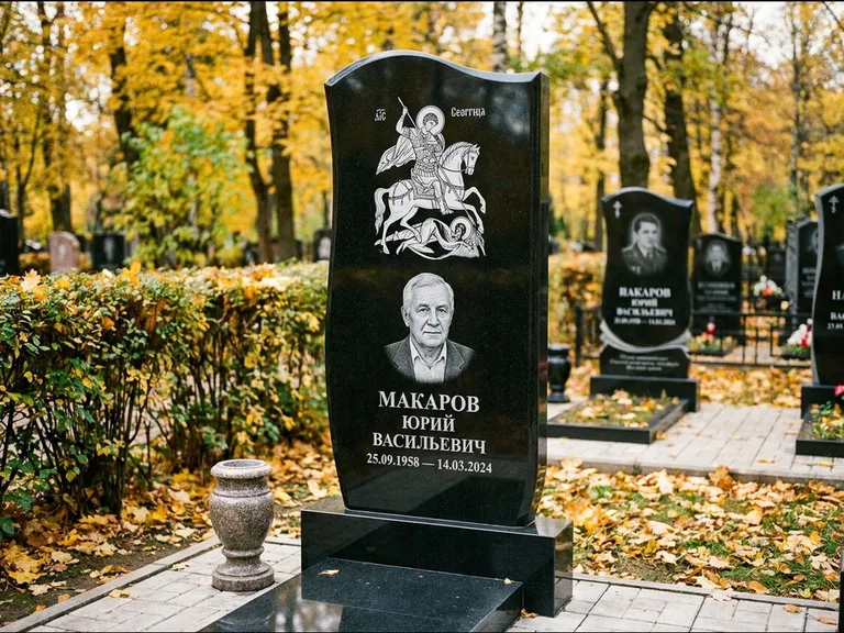 Памятник с гравировкой иконы — икона над портретом усопшего, работа «Раевская» в Новом Уренгое