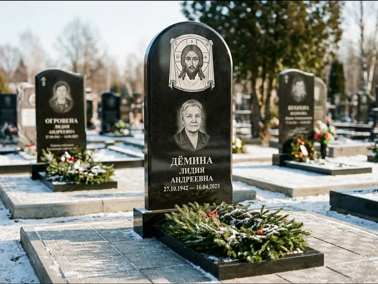 Памятник с гравировкой иконы — икона Спаса Вседержителя над именем усопшего, работа «Ковалёв» в Новом Уренгое