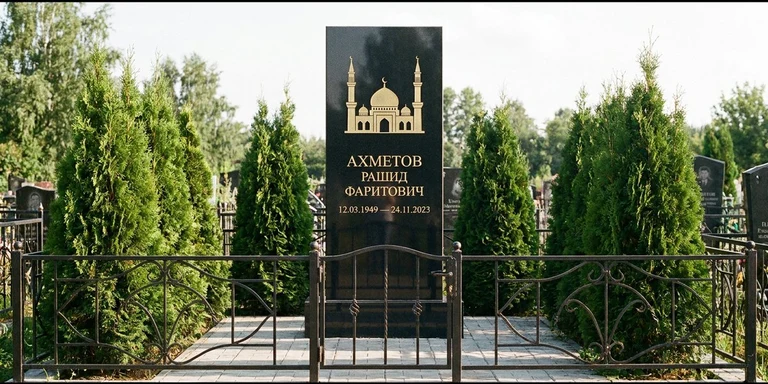 Гравировка мечети на памятник в Новом Уренгое — стела из чёрного гранита, оформление по канонам ислама