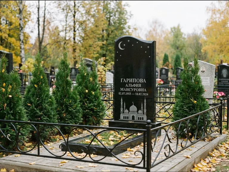 Мусульманский памятник с гравировкой мечети — мечеть с луной в ночном небе, работа «Гарипова» в Новом Уренгое